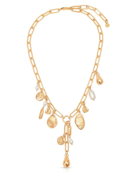 Women's Melted Metal Charm Lariat Necklace & Stud Earrings Set