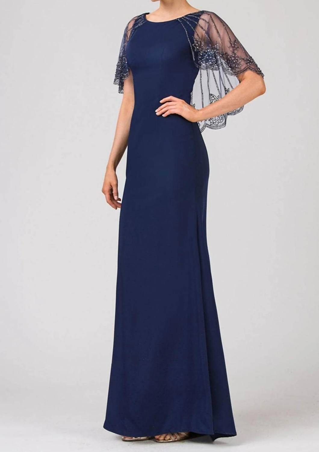 Bateau Neck Sheer Cape Formal Gown - Plus
