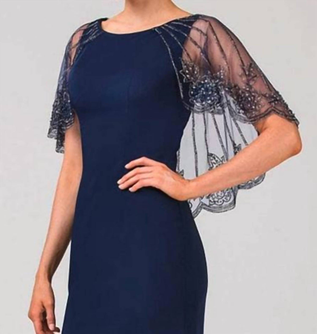 Bateau Neck Sheer Cape Formal Gown - Plus