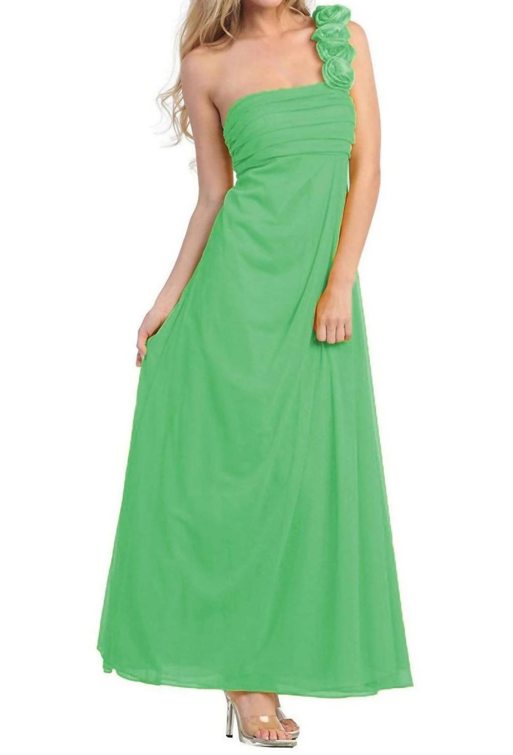 Rosette Strap Chiffon Matte Jersey Column Maxi Dress
