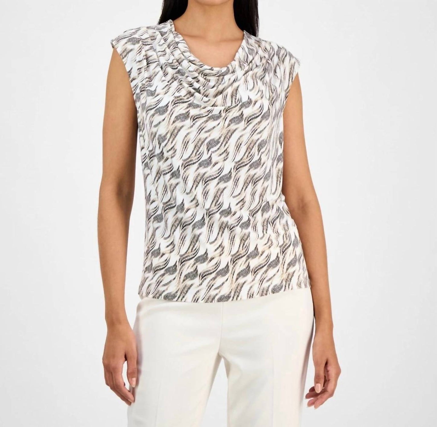 Printed Cowl Neck Cap Sleeve Top