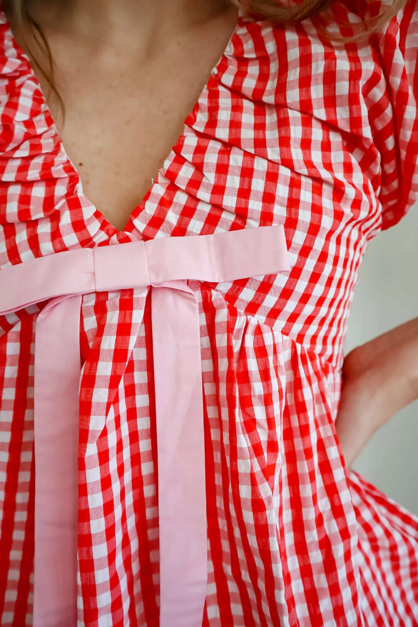 Jenny Gingham Blouson Shoulder Mini Dress