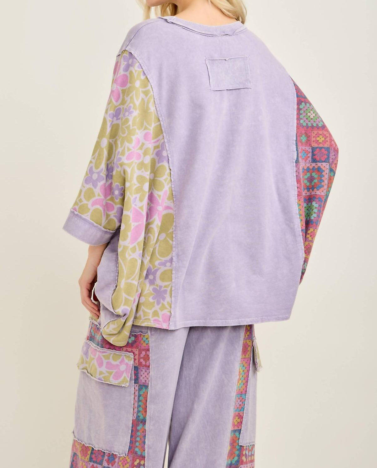 Mineral Washed Floral Printed Poncho Style Top And Pant Set