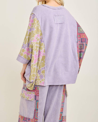 Mineral Washed Floral Printed Poncho Style Top And Pant Set
