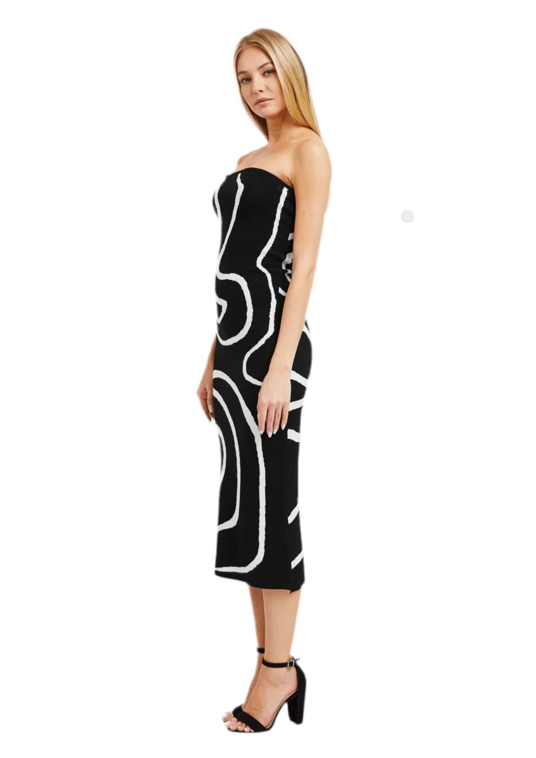 Wavy Print Strapless Midi Dress