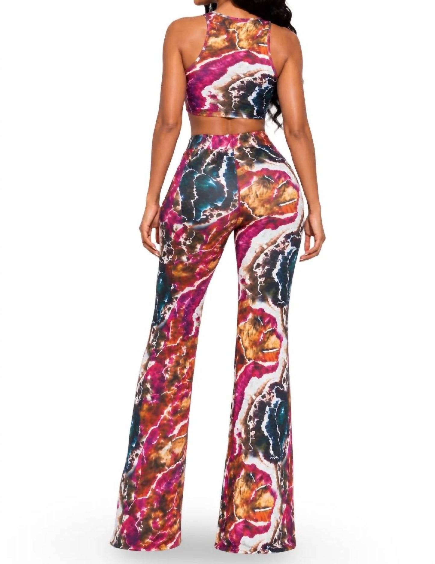 Italy Stretch Print Wide Leg Pants Set