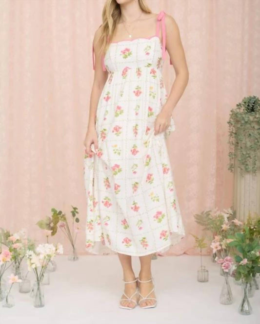Floral Tile Pattern Scalloped Tie Strap Midi Dress