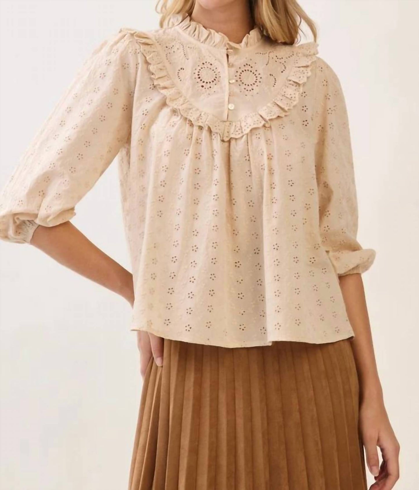 Carla Eyelet High Ruffle Blouse