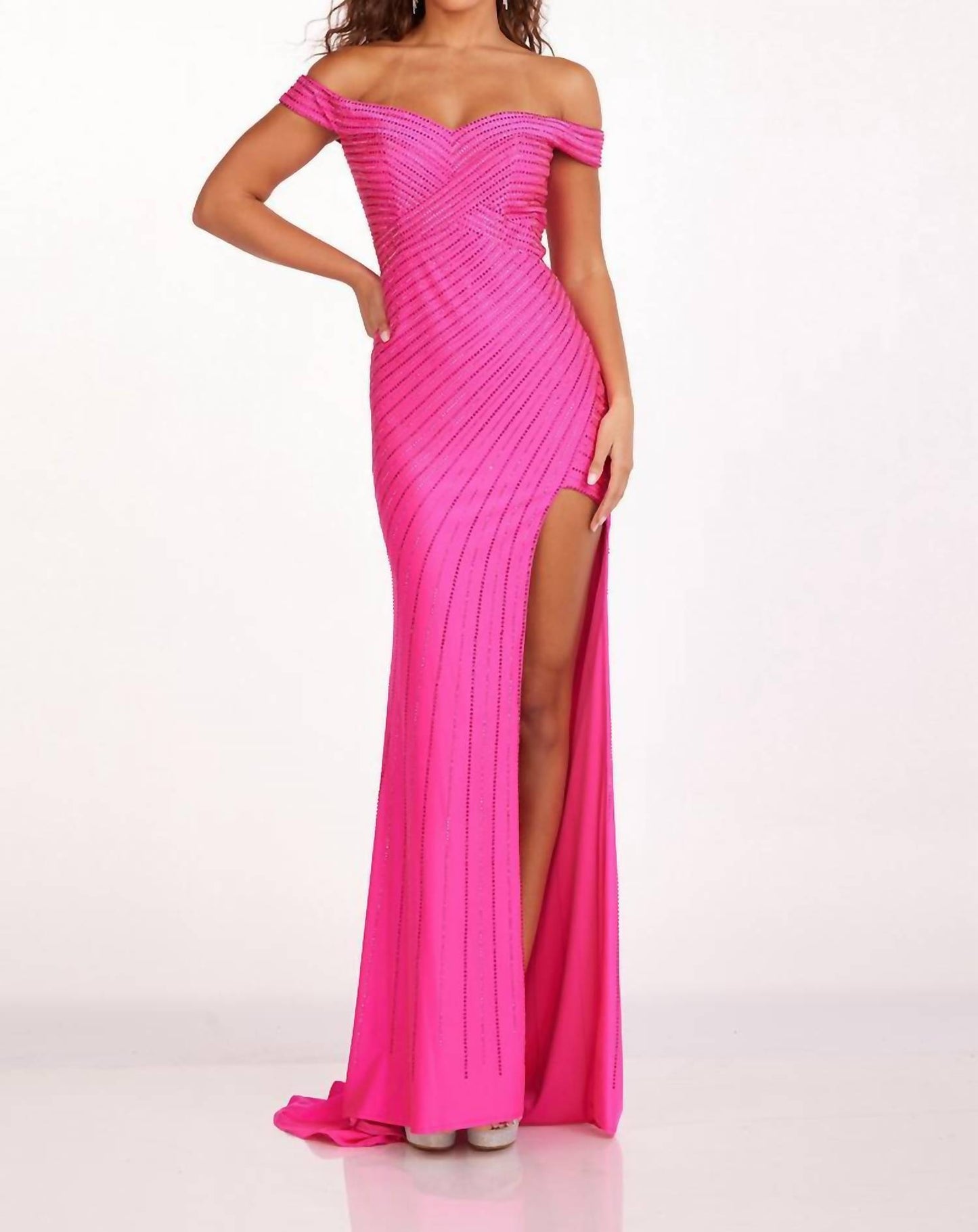 Beaded Off Shoulder Slit Gown