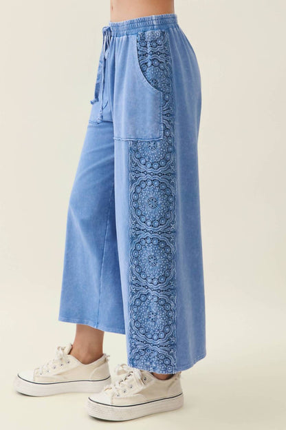 Mineral Washed Boho Trim Wide Leg Pants