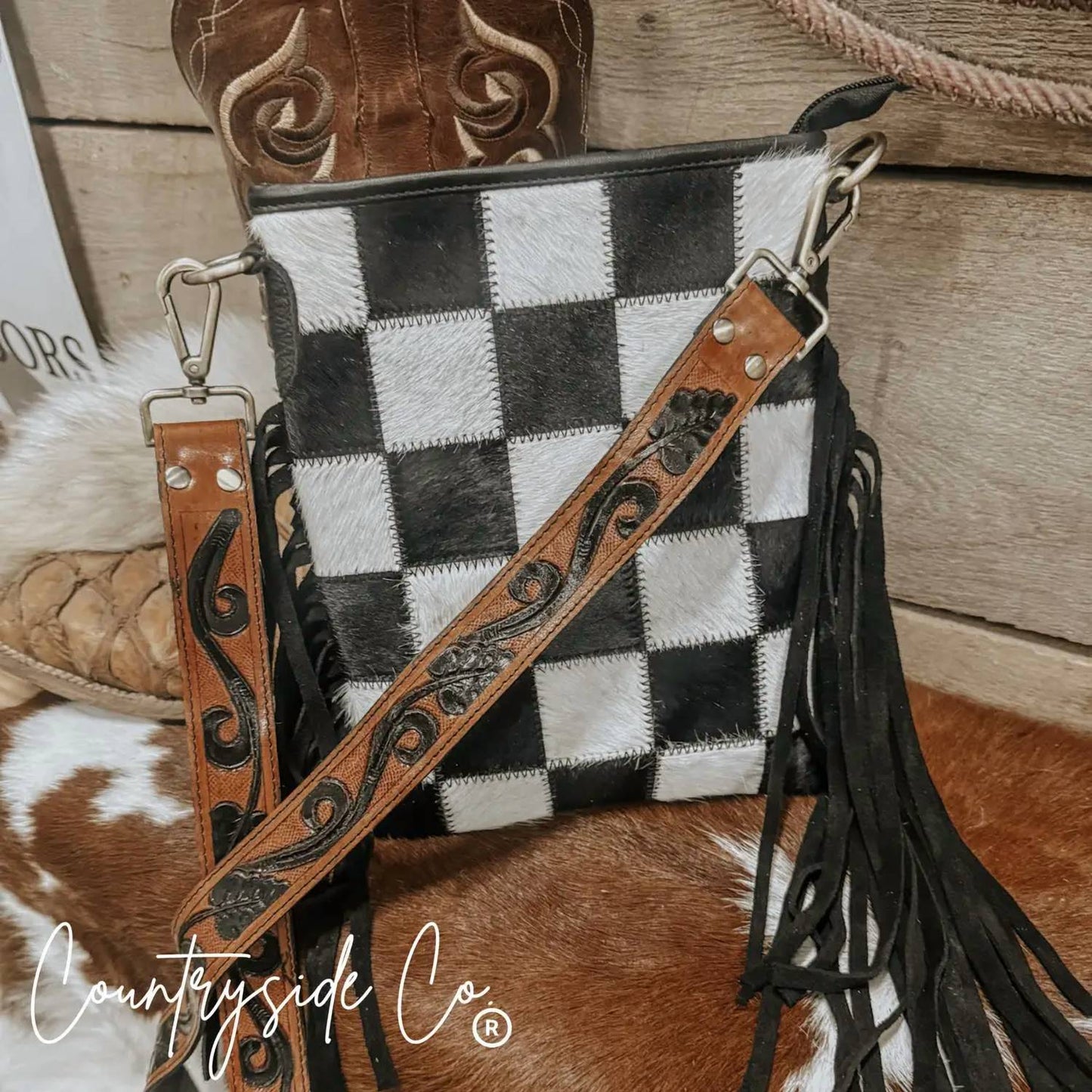 Stockdale Checkered Cowhide Fringe Purse