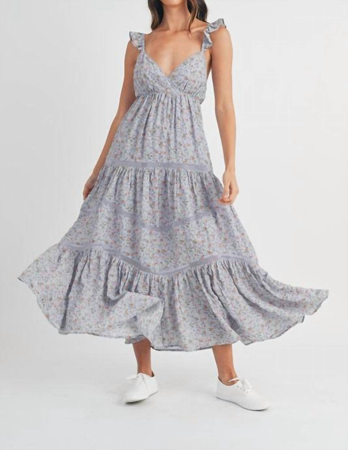 Camellia - Floral Print Lace Trimmed Tiered Maxi Dress - Rack Hunt -