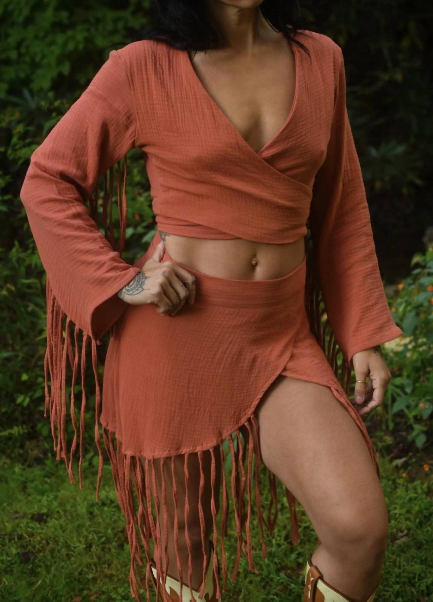 Cotton Gauze Fringe Wrap Top And Skirt Set