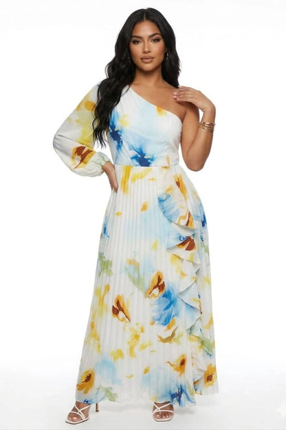 Chicways One-Shoulder Pleated Floral Maxi Dress