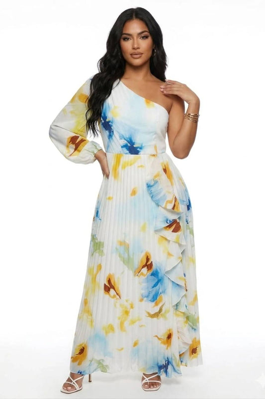 Chicways One-Shoulder Pleated Floral Maxi Dress