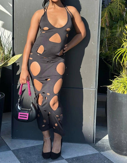 Don't Watch The Clock - Cut Out Halter Back Cut Out Maxi Dress