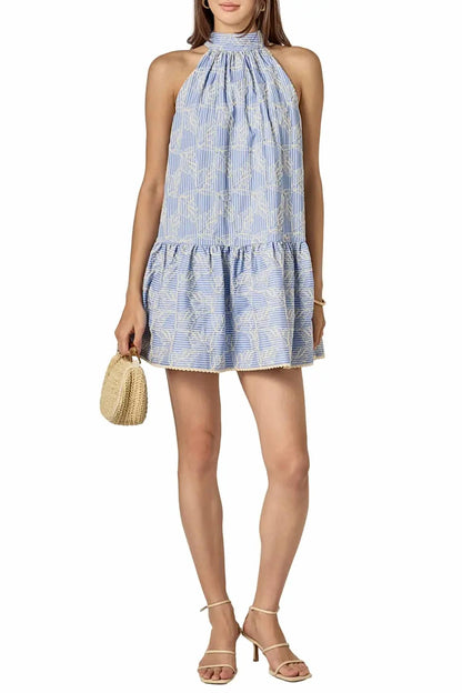 Halter Embroidered Sleeveless Ruffle Hem Dress