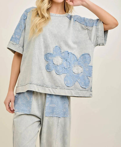 Mineral Washed Flower Patched Blouse Top