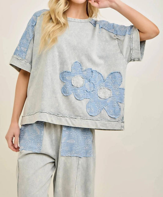 Mineral Washed Flower Patched Blouse Top