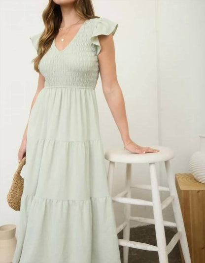 Flutter Sleeve V-neck Smocked Midi Dress