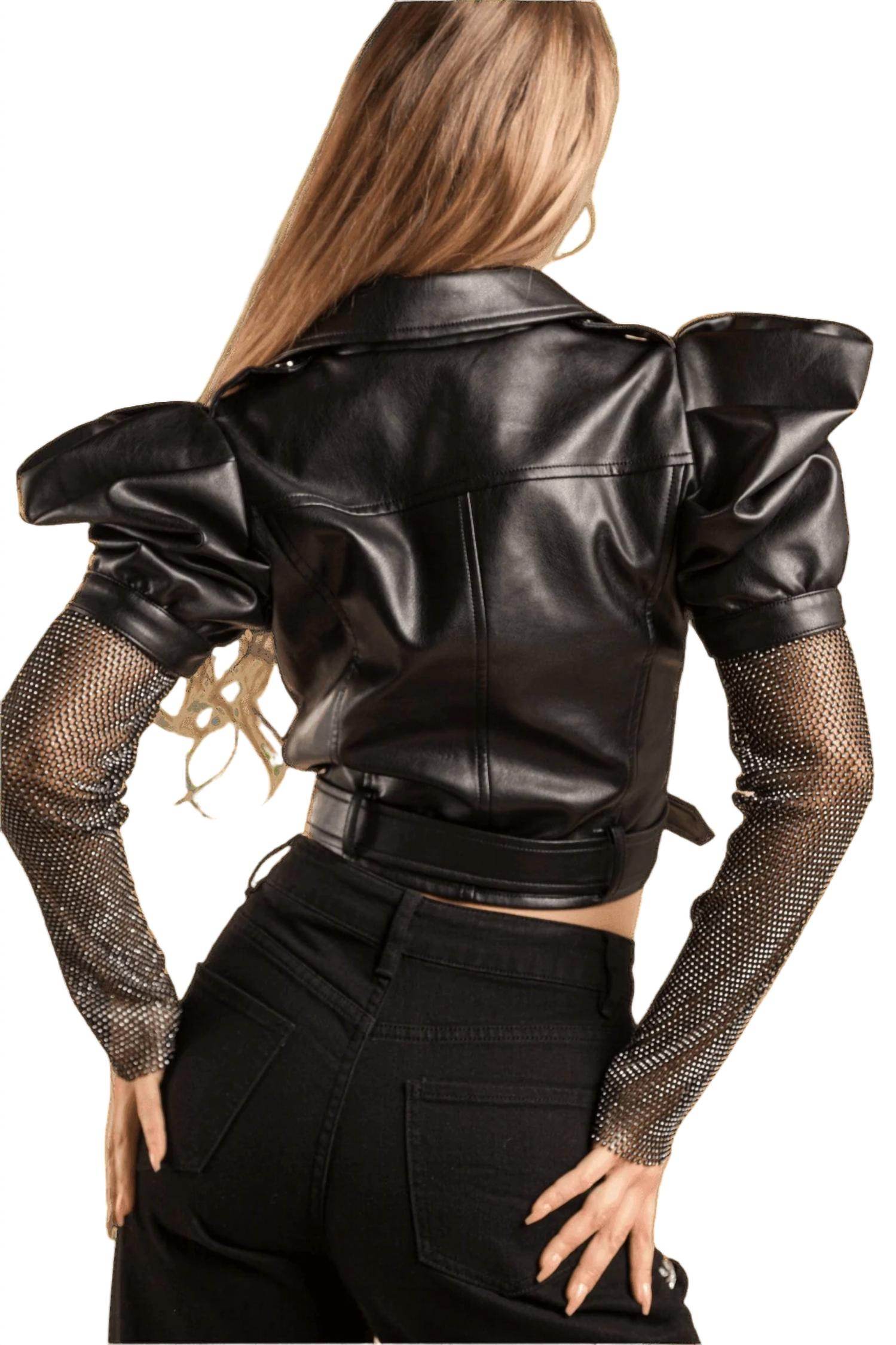 Galita - Rhinestone Sleeve Leather Jacket - Rack Hunt -