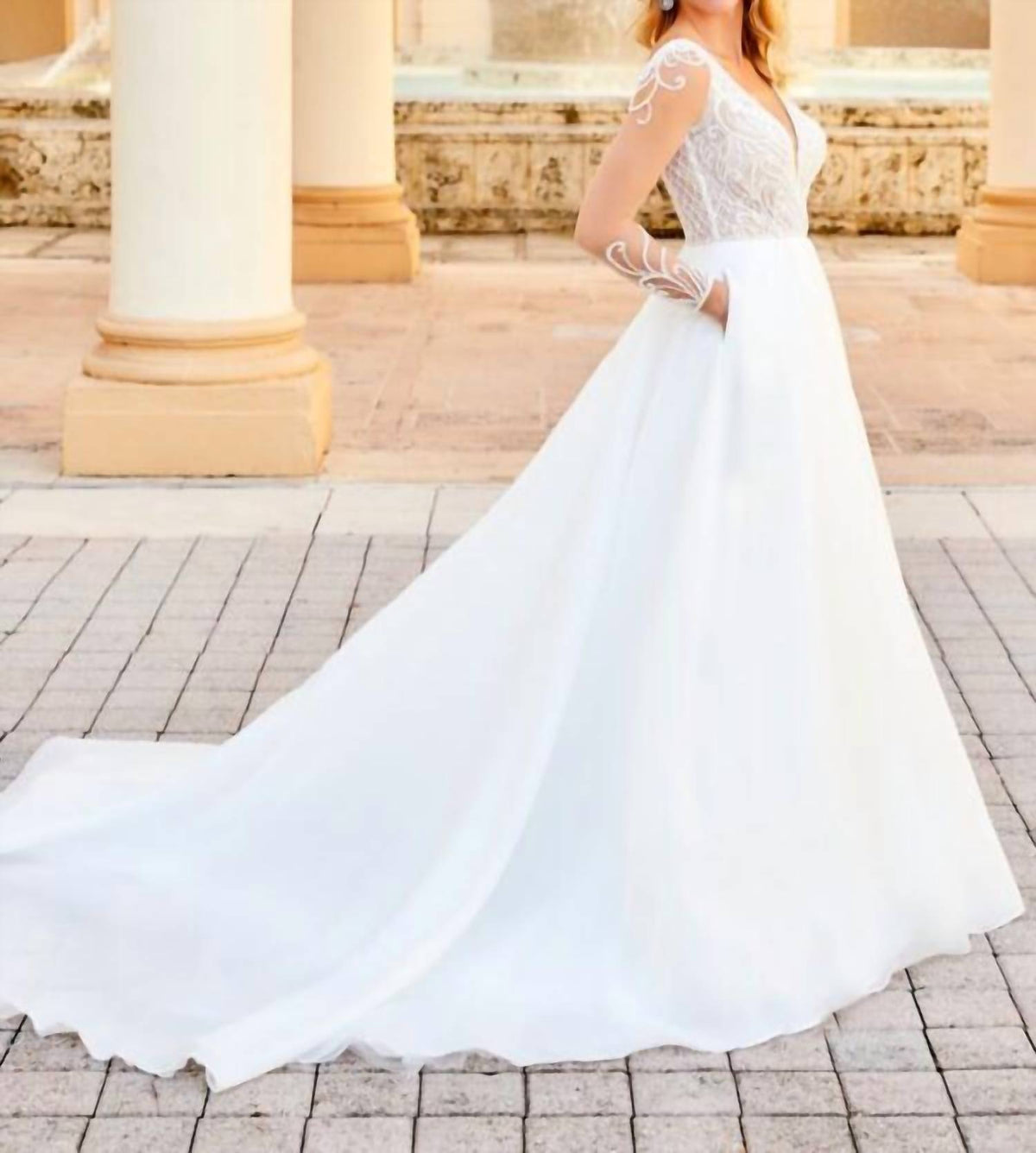 Sheer Sleeve Plunging Neckline Wedding Dress