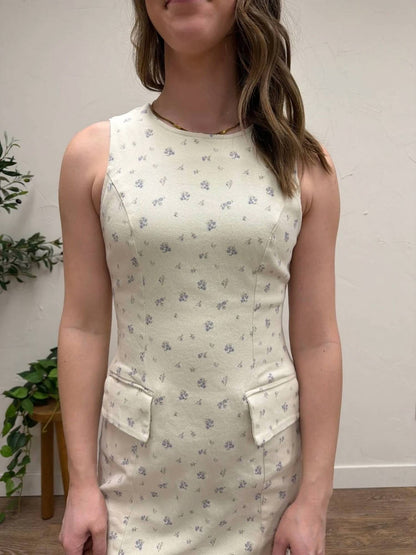 Boat Neck Sleeveless Ditsy Print Twill Mini Dress