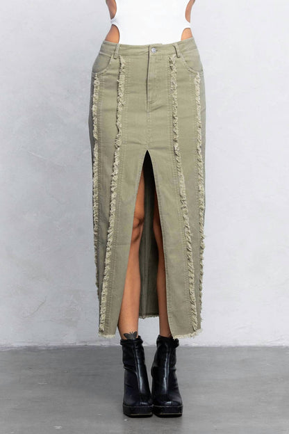 Kristi Frayed Midi Skirt With Center Slit