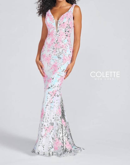 Floral Sequin Trumpet Prom Dress