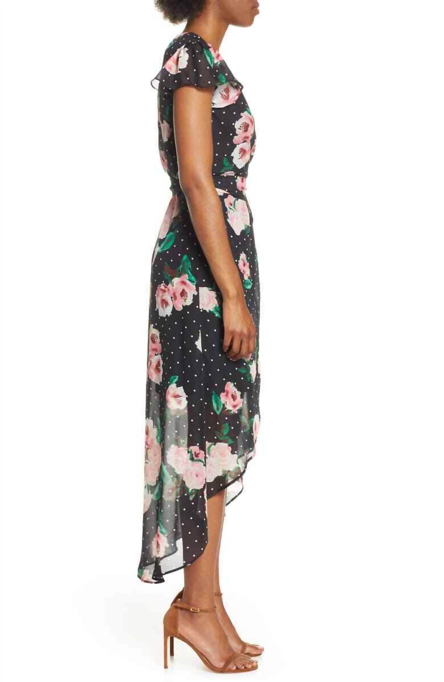 Julia Jordan - Faux Wrap Black Dots Floral High Low Chiffon Dress - Rack Hunt -