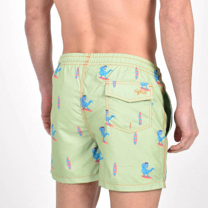 Surfing T-rex Print Swim Trunks
