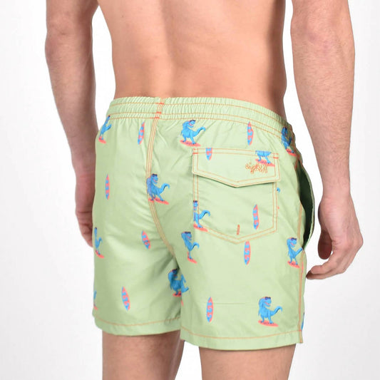 Surfing T-rex Print Swim Trunks