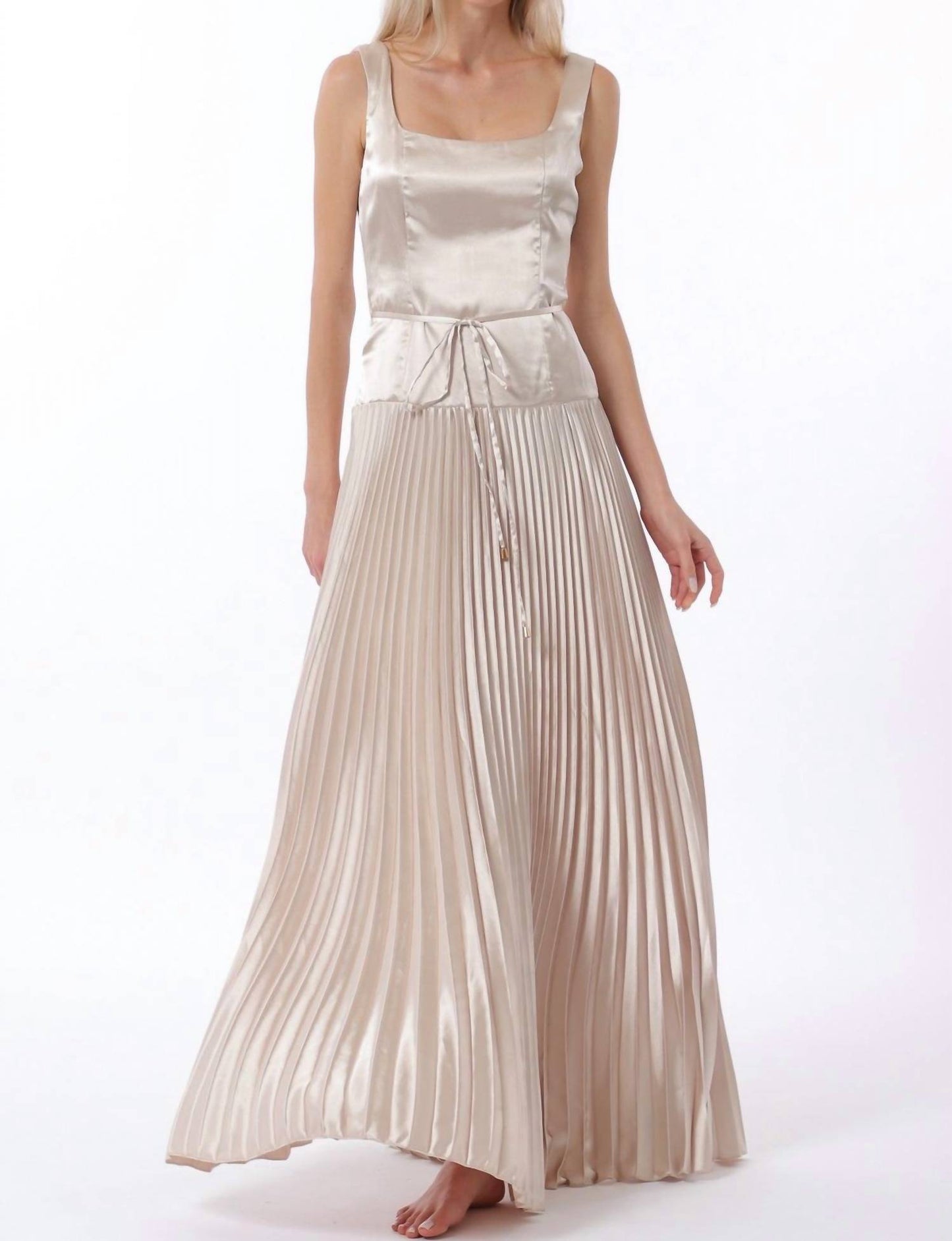 Sleeveless Tie Front Waisted Pleat Maxi Dress