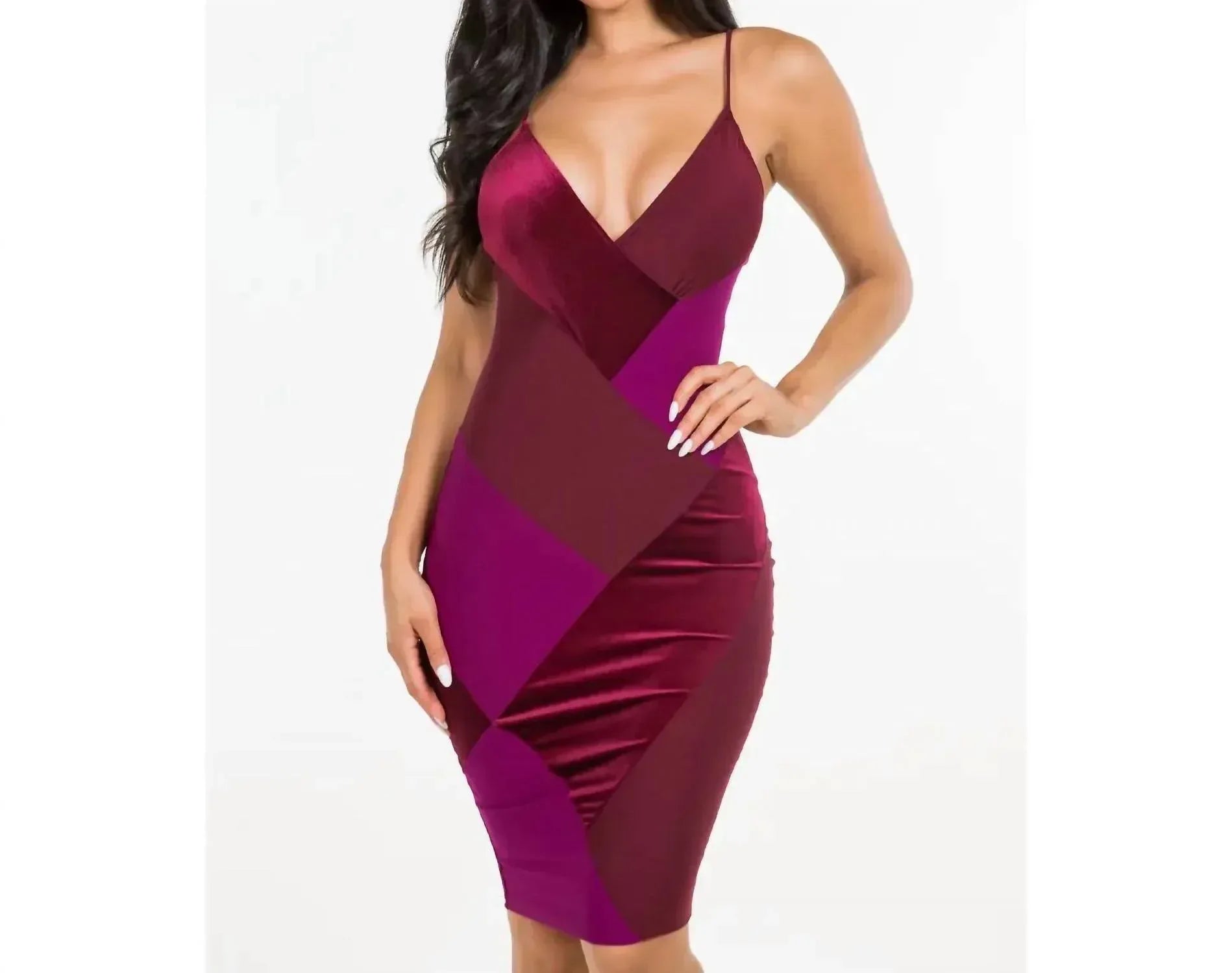 Let's go Uptown - Zendaya Color Block Velvet Contrast Elegant Midi Dress - Rack Hunt