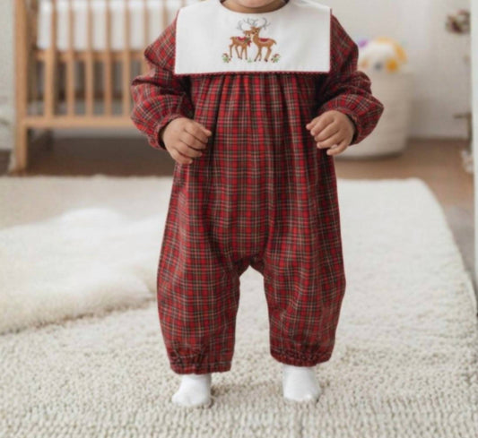 Reindeer On Plaid-dressy Long Bubble Romper