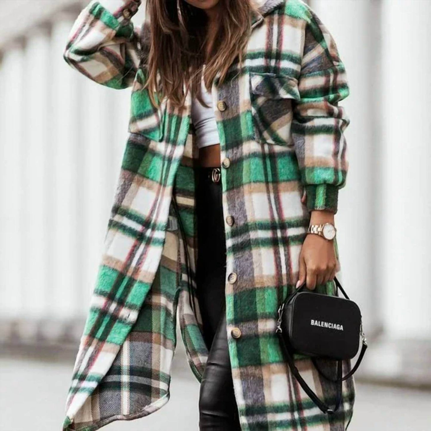 ChicMe - Green Plaid Printdrop Shoulder Button Down Longline Shacket Jacket - Rack Hunt -