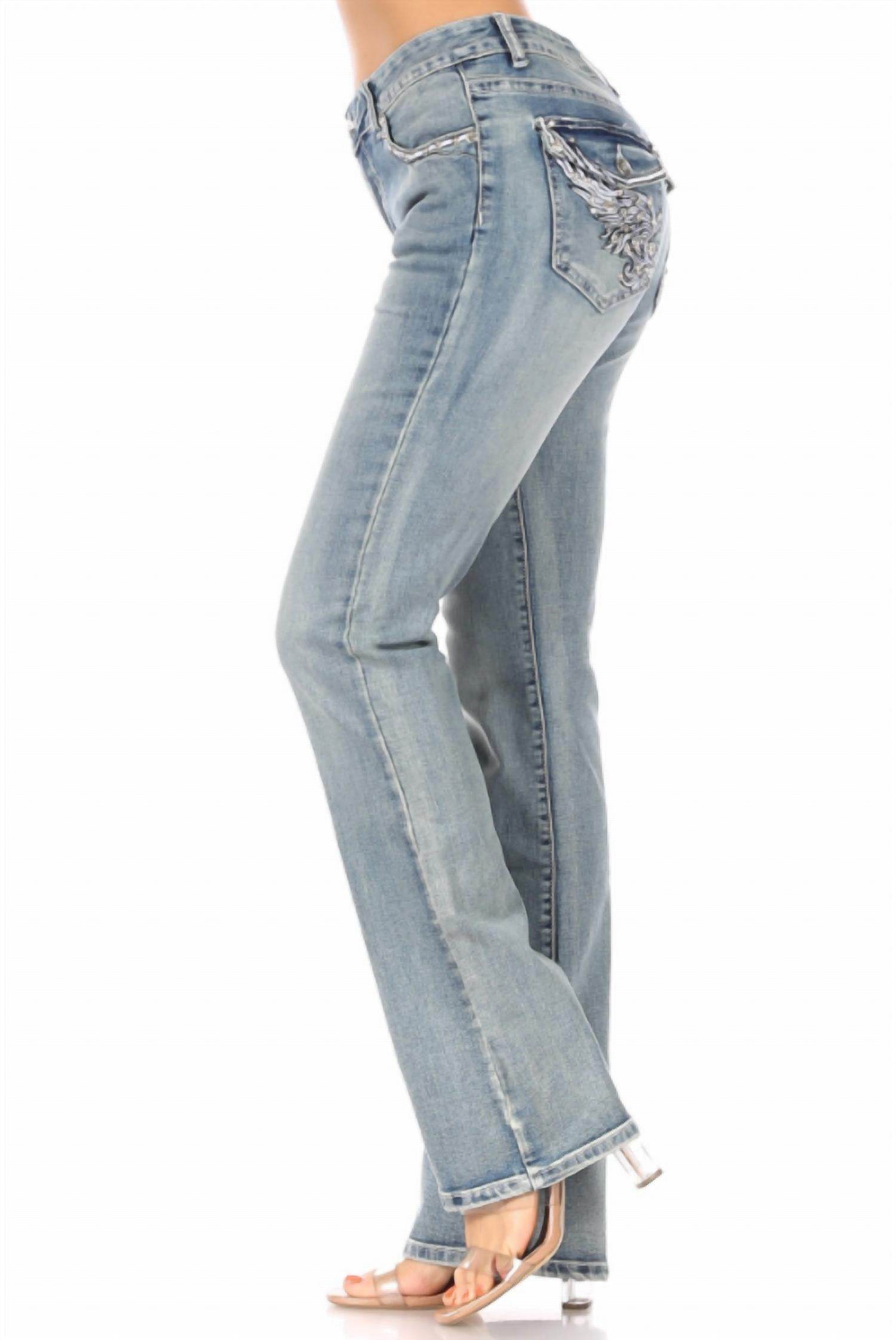 Bus Stop - Sparkle Wings Distressed Skull Jean - Rack Hunt -