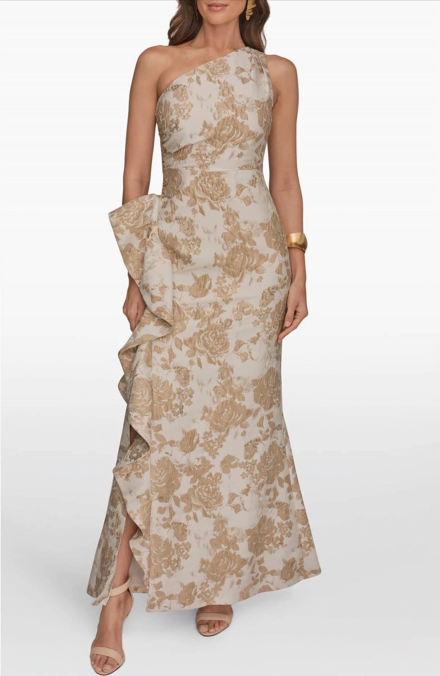 One Shoulder Cascading Ruffle Metallic Floral Gown