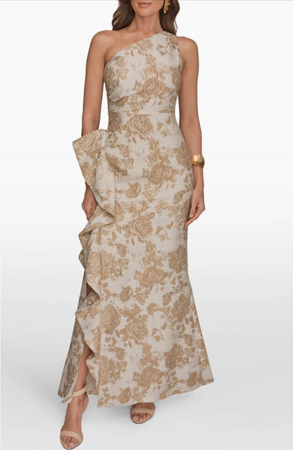 One Shoulder Cascading Ruffle Metallic Floral Gown