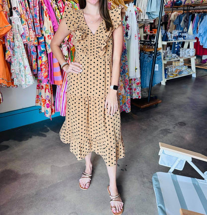 Reminiscence - Ruched Cotton Polka Dot Midi Dress - Rack Hunt