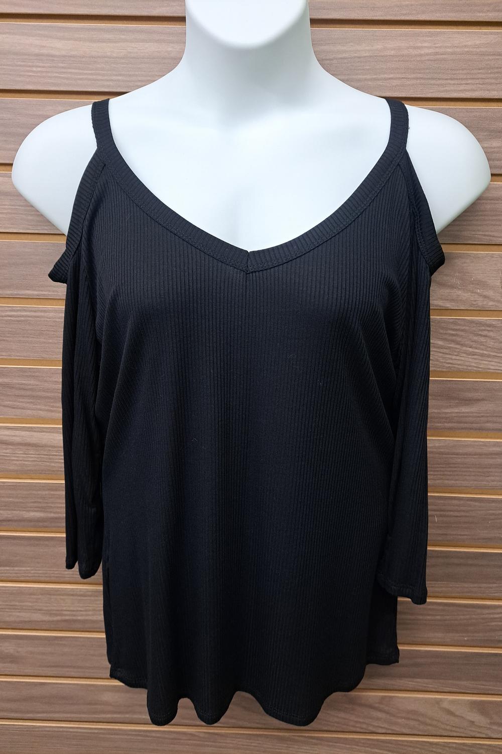 Women's 3/4 Sleeve Cold Shoulder Ribbed Top