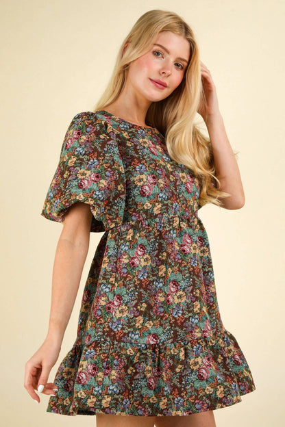 Floral Jacquard Fabric Holiday Mini Dress