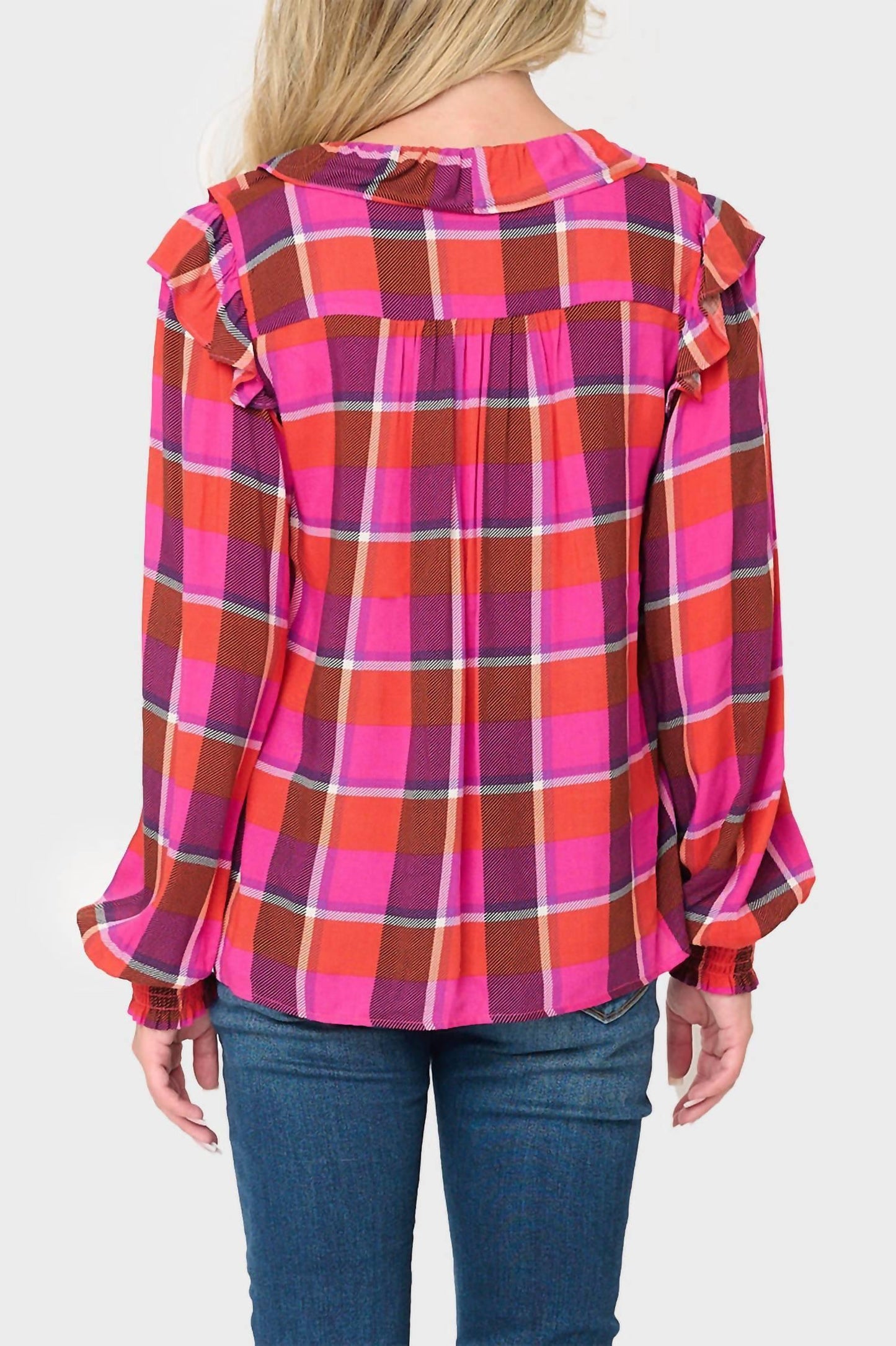 Gibsonlook - Plaid Ruffle Detail Long Sleeve Shirt - Rack Hunt