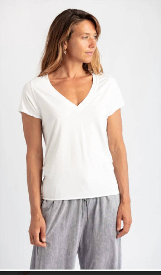 Ava Short Sleeve V-Neck Raw Top Shirt
