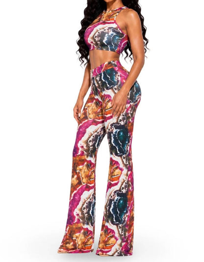 Italy Stretch Print Wide Leg Pants Set