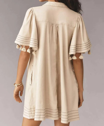 Maeve - Collared Linen Blend Button-front Tassel Mini Dress - Rack Hunt
