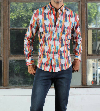 Retro Circles Design Button Down Shirt With Trim