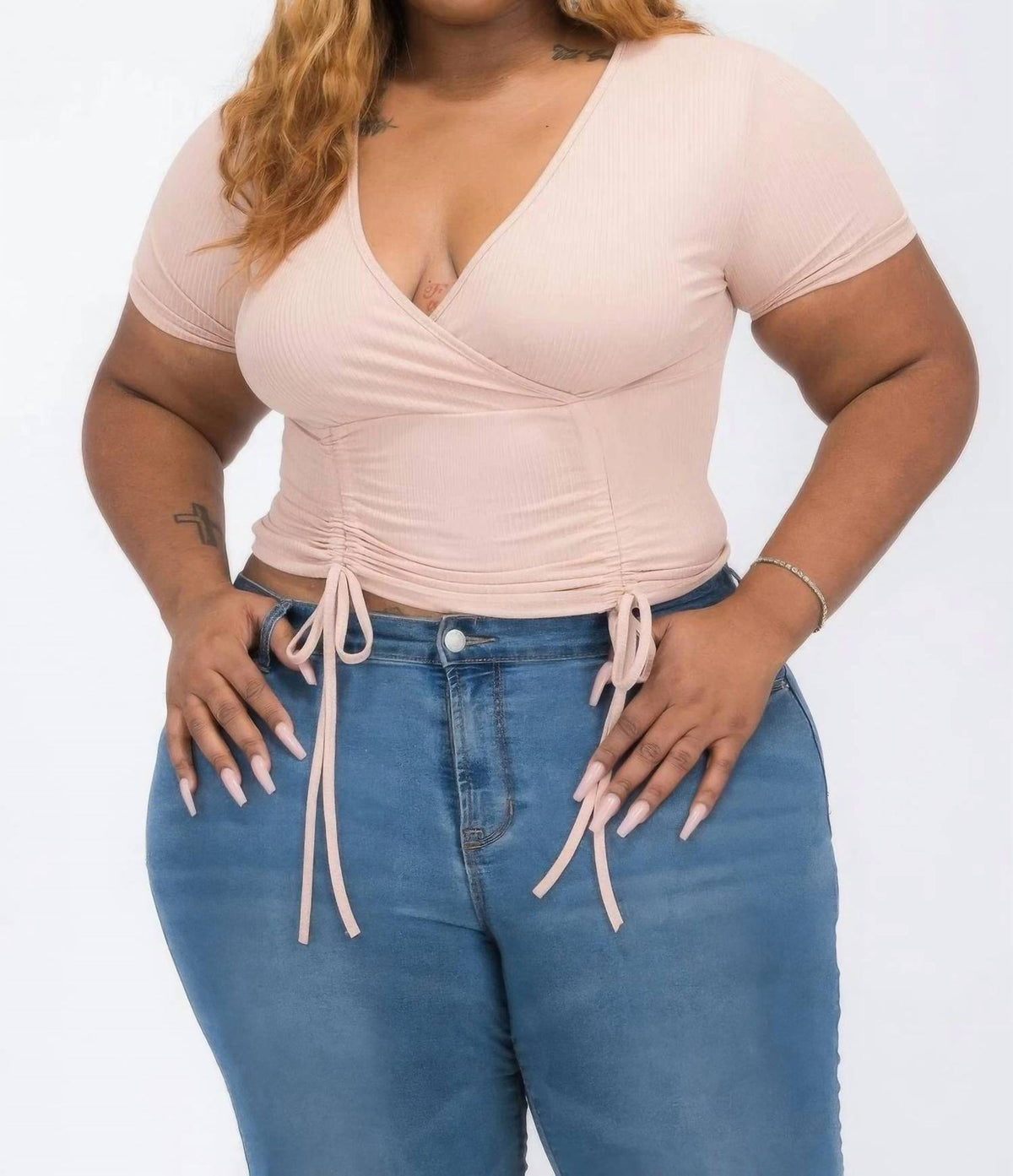 Ribbed Ruched Drawstring Surplice Top - Plus