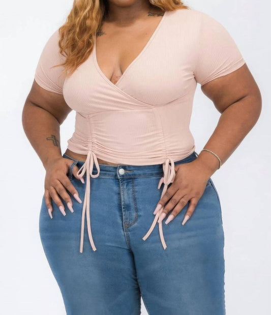 Ribbed Ruched Drawstring Surplice Top - Plus