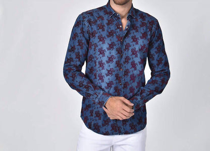 Denim Button Down Shirt with Flocking Bouquet
